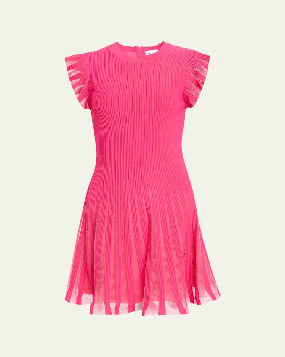 Sheer Flutter-Sleeve Knit Dress